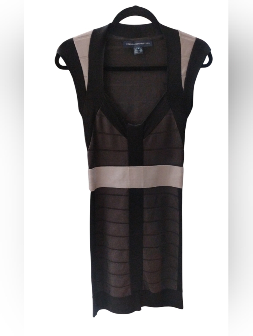 French Connection Black, Gray Bandage Like Form Fitting Dress SZ 4